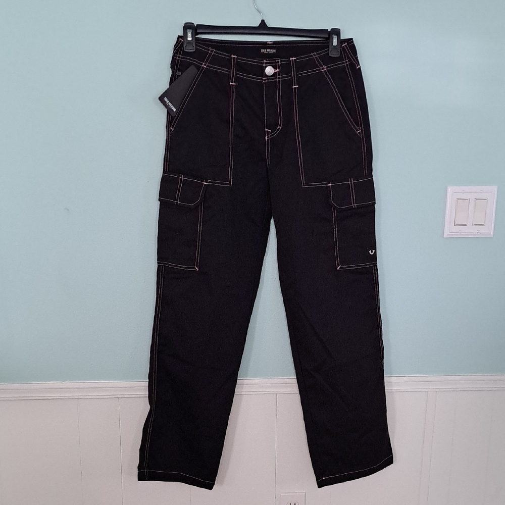 TRUE RELIGION Brushed Cotton Carpenter Style Pants, Black w/Lavender Trim, S.28